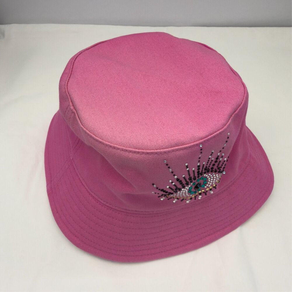 Kurt Geiger London Embellished Evil Eye Bucket Hat 100% Cotton Light Pink NWT